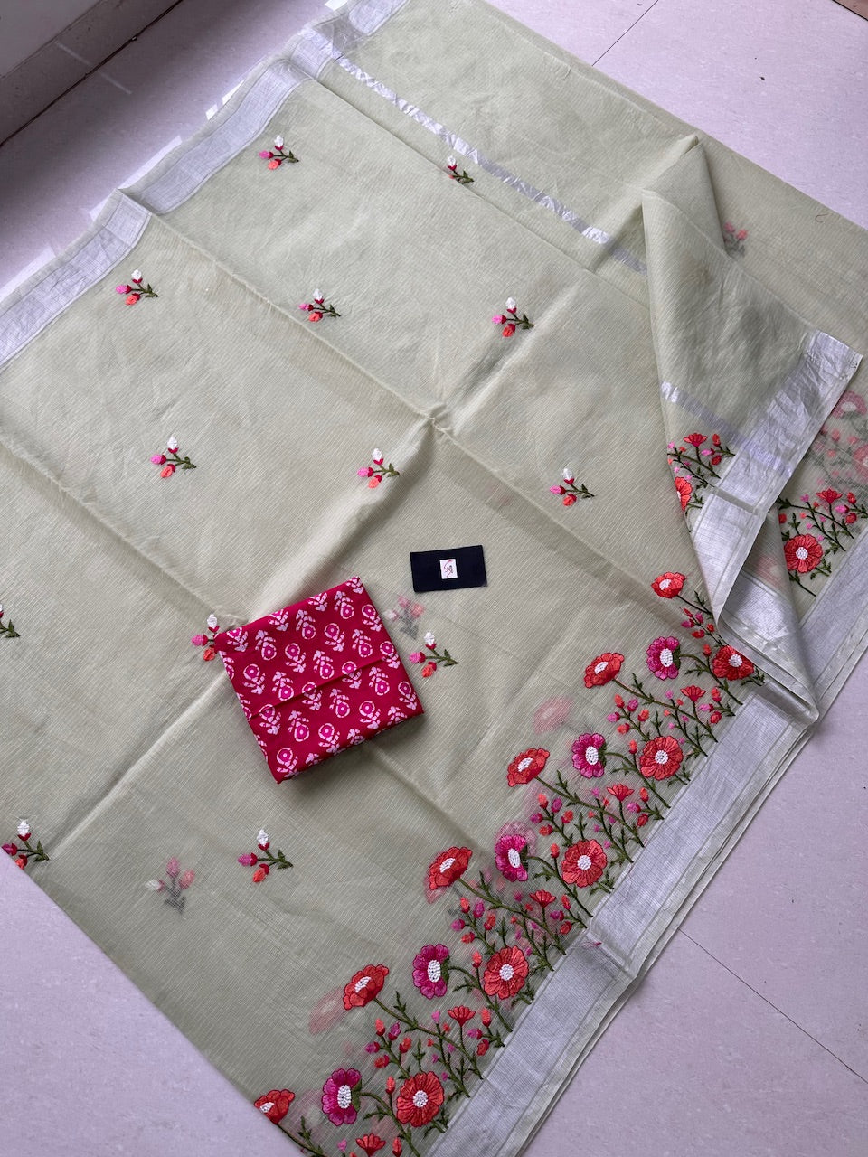 Embroidered Kota Cotton Doria Saree