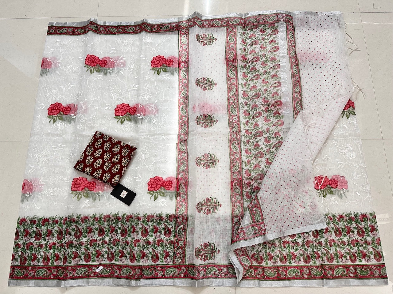 Embroidered HandBlock Printed Kota Cotton Doria Saree