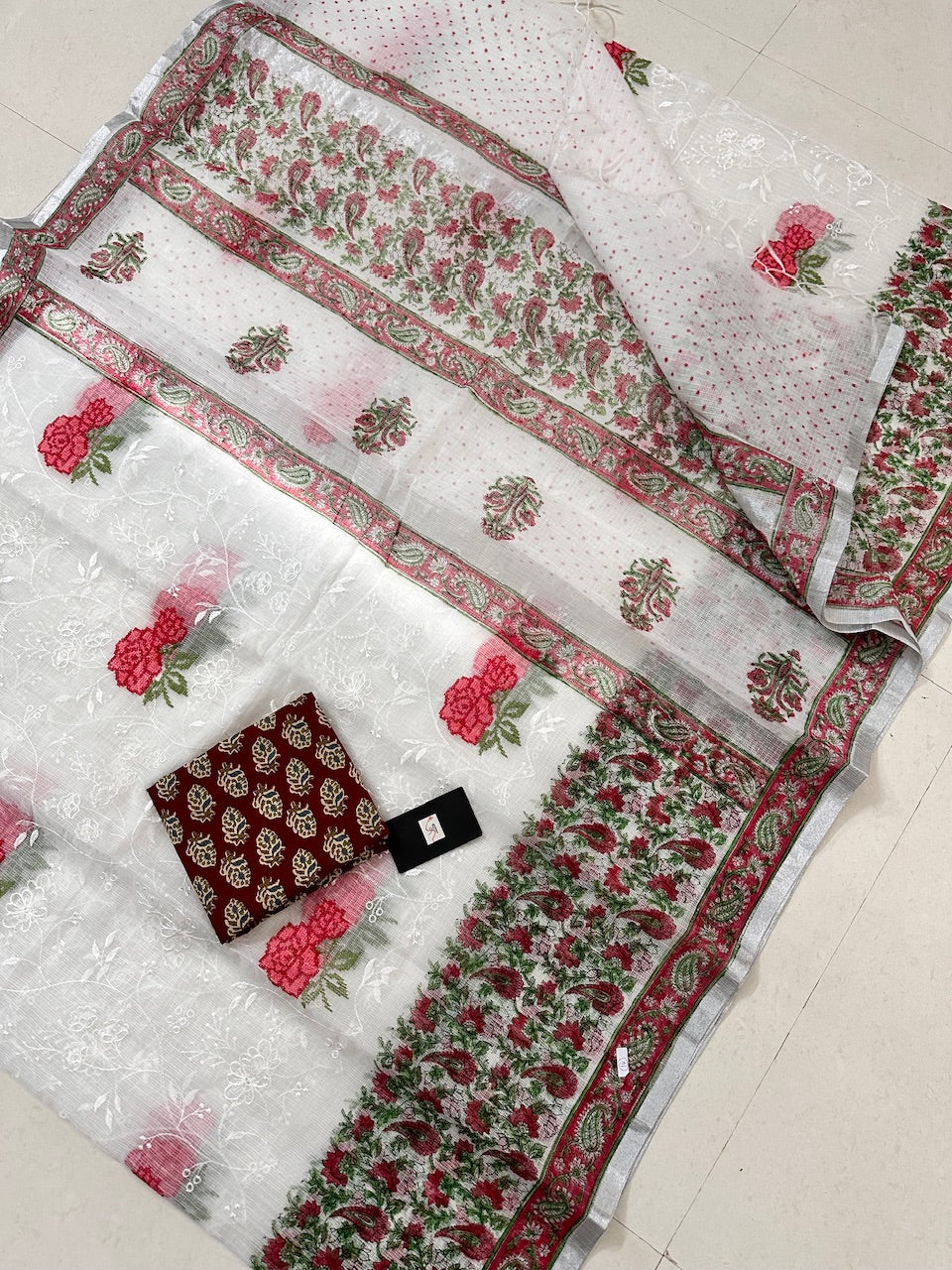 Embroidered HandBlock Printed Kota Cotton Doria Saree