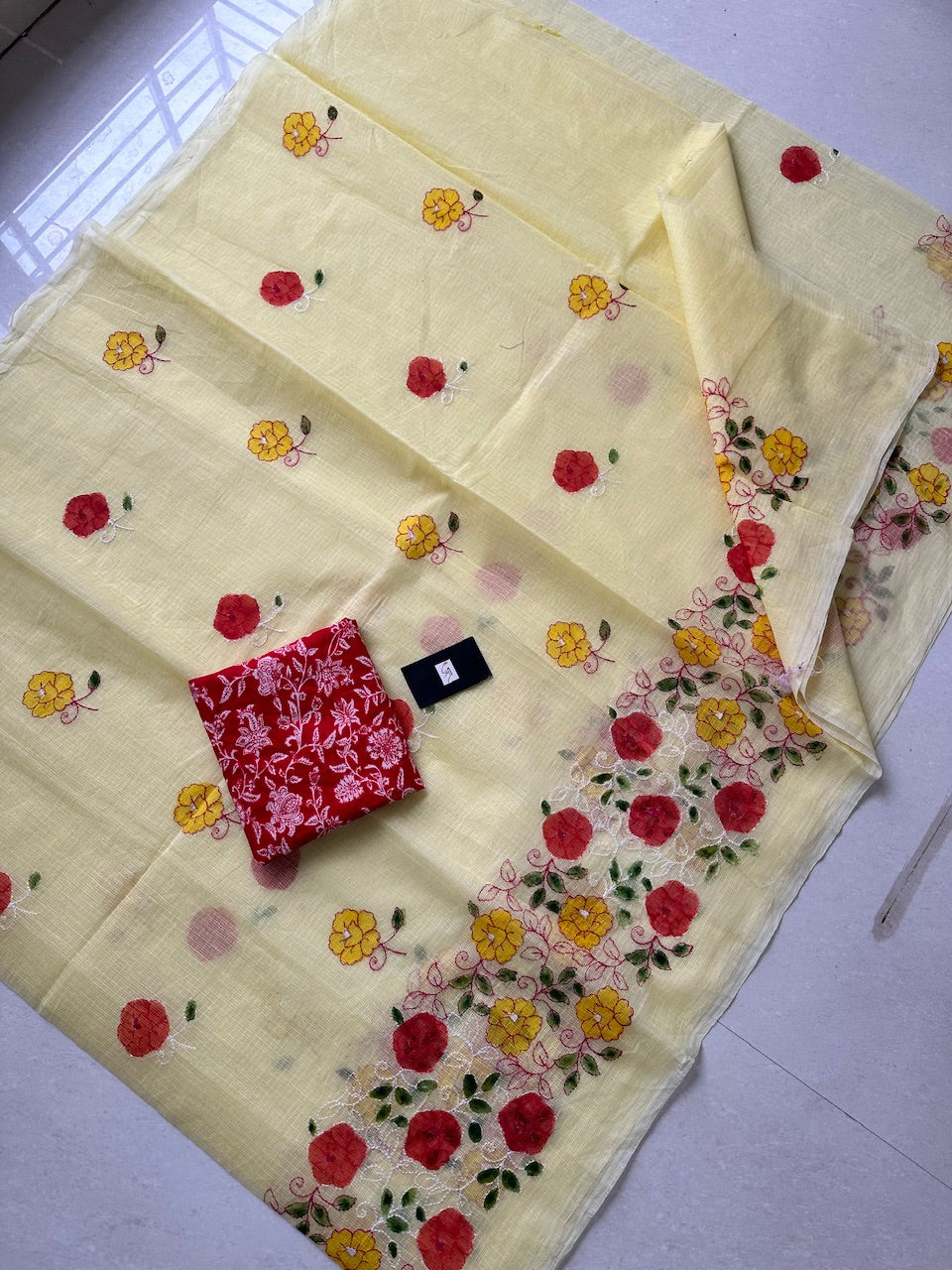 Embroidered Handpainted Kota Cotton Doria Saree