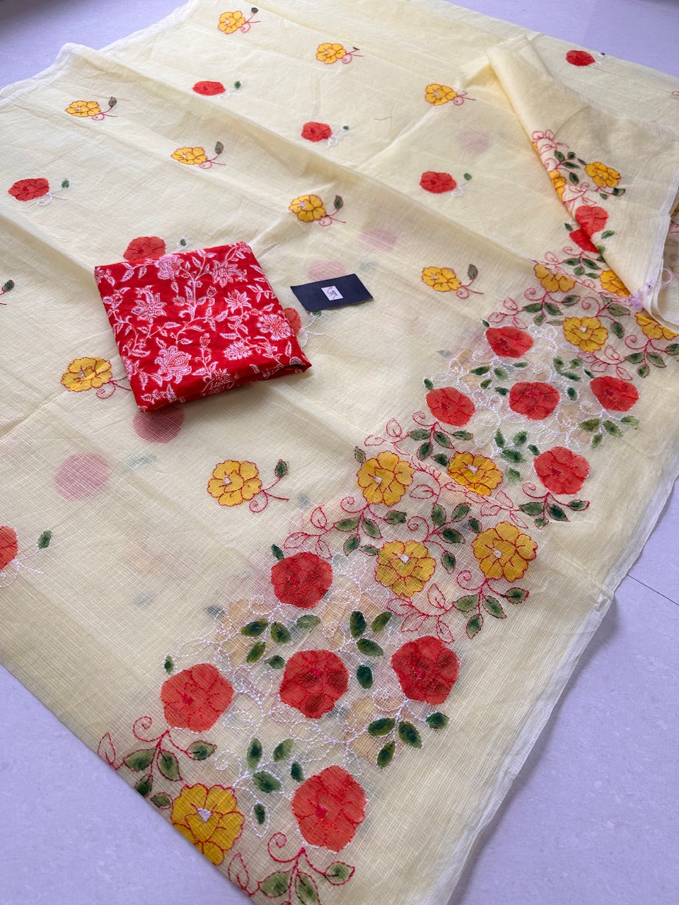 Embroidered Handpainted Kota Cotton Doria Saree