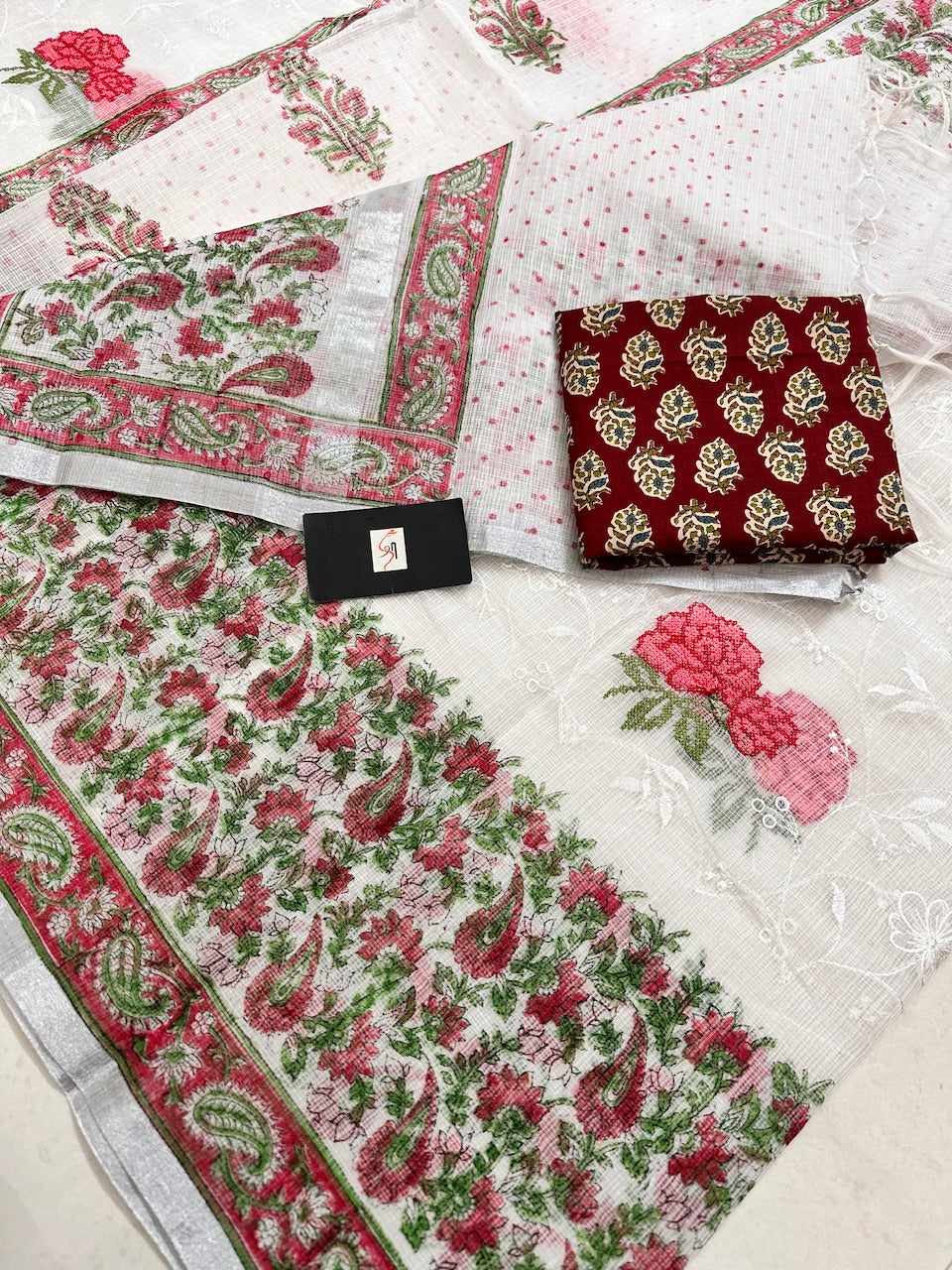 Embroidered HandBlock Printed Kota Cotton Doria Saree