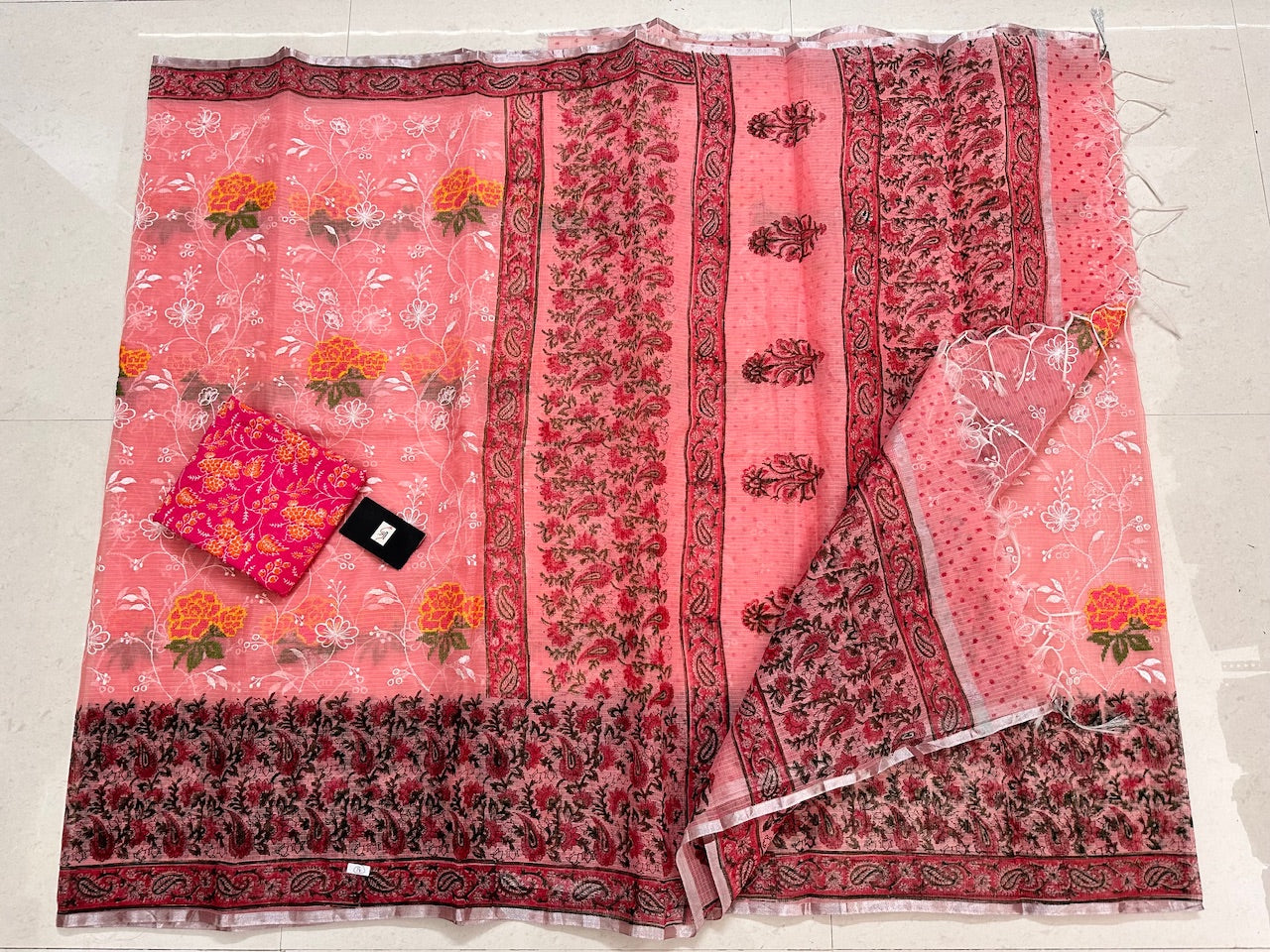 Embroidered HandBlock Printed Kota Cotton Doria Saree