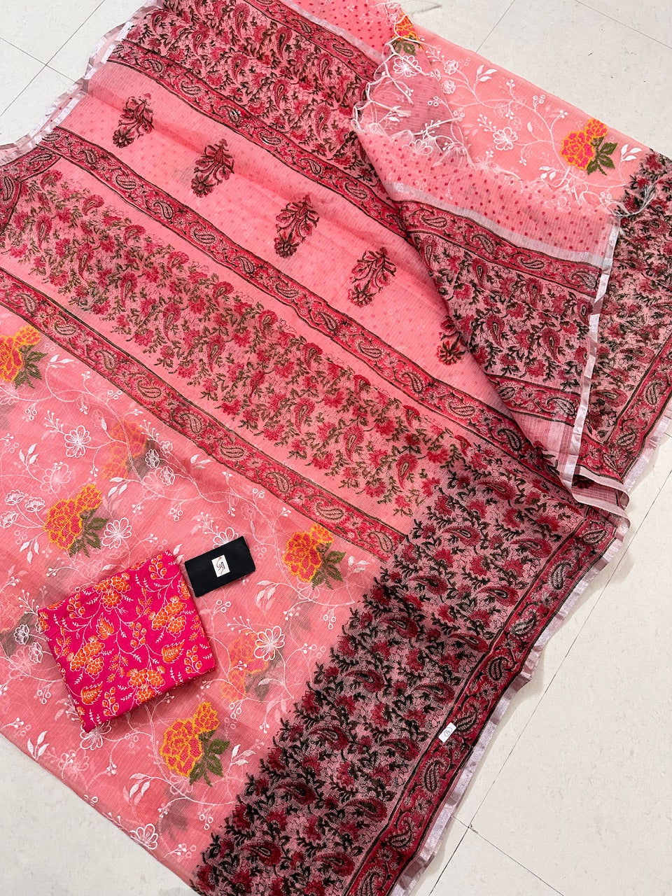 Embroidered HandBlock Printed Kota Cotton Doria Saree