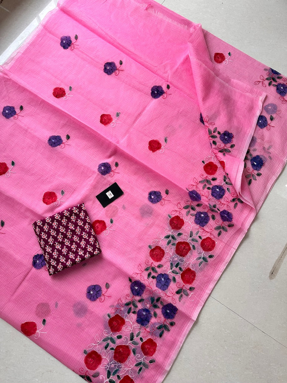 Embroidered Handpainted Kota Cotton Doria Saree