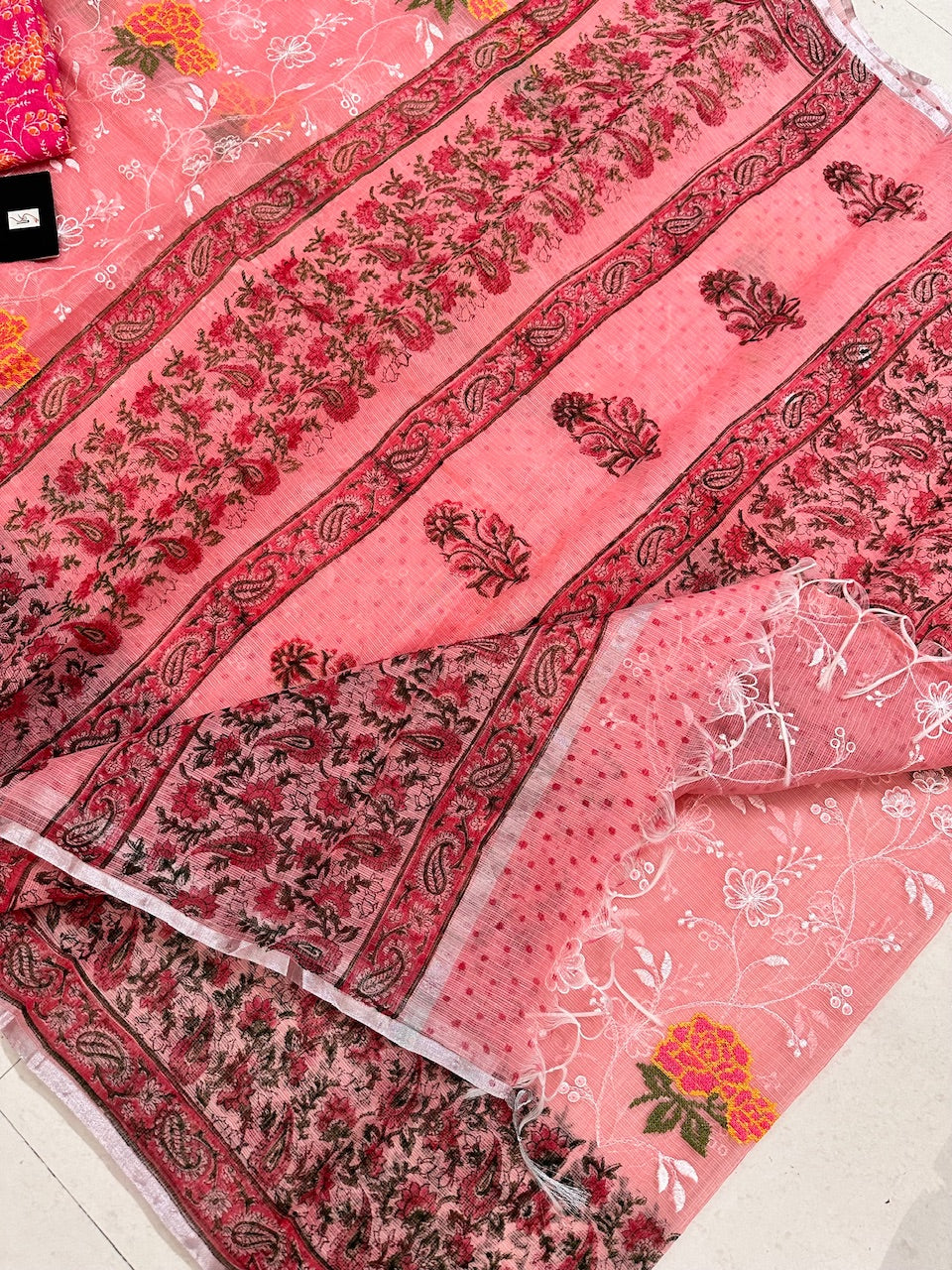 Embroidered HandBlock Printed Kota Cotton Doria Saree