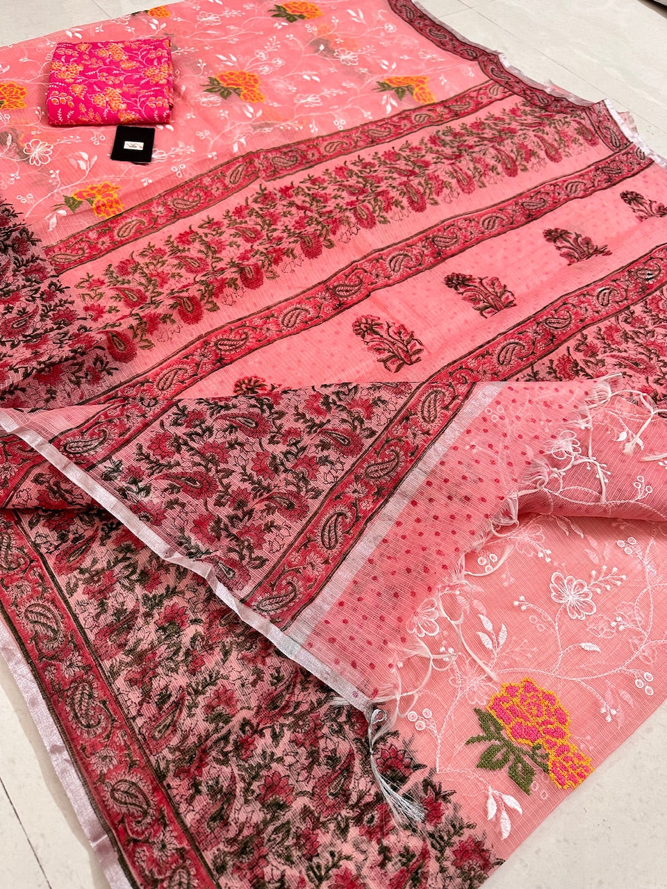 Embroidered HandBlock Printed Kota Cotton Doria Saree