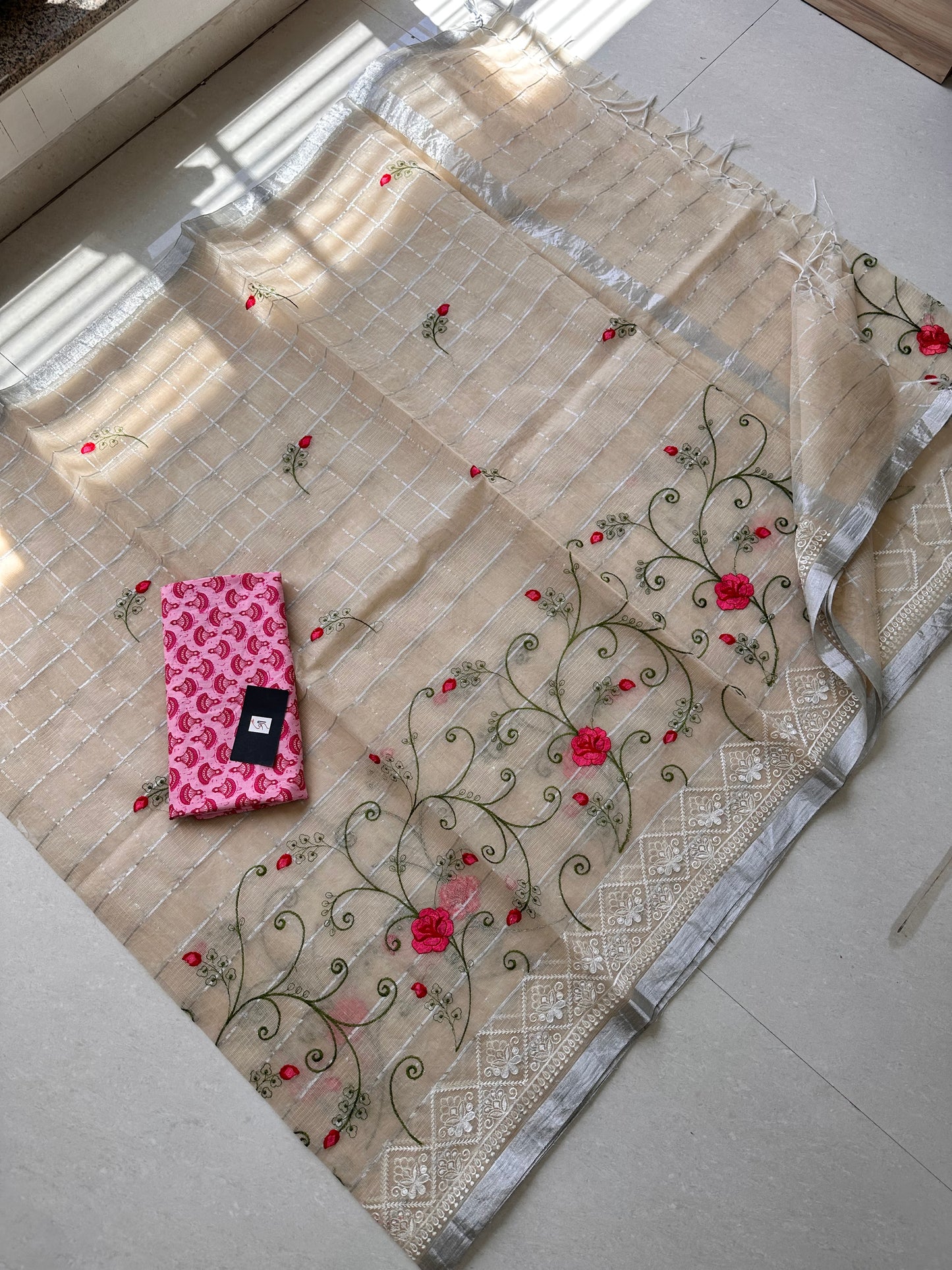 Embroidered Kota Cotton Doria Saree