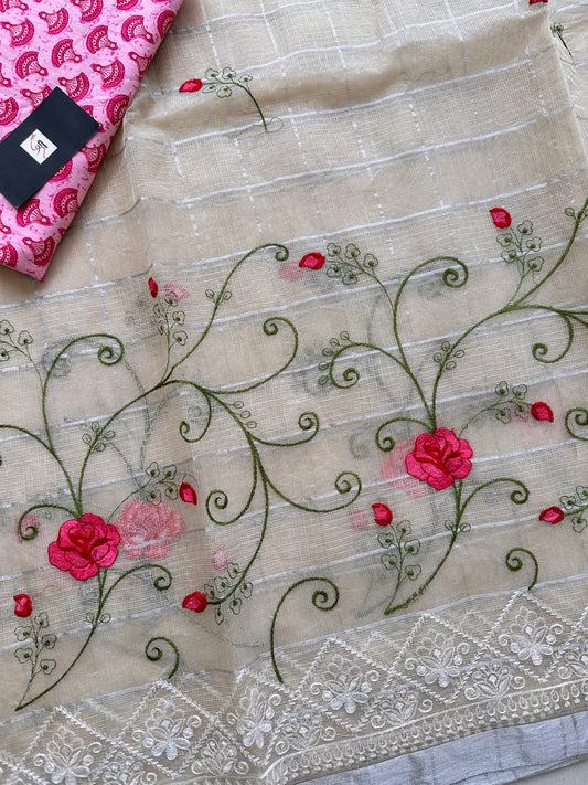 Embroidered Kota Cotton Doria Saree