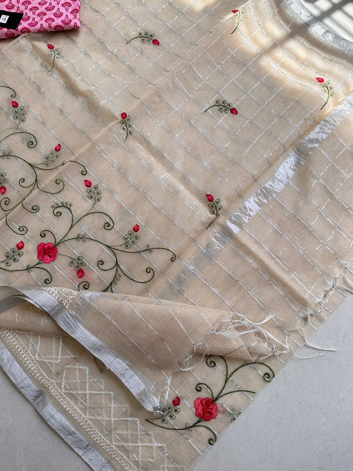 Embroidered Kota Cotton Doria Saree