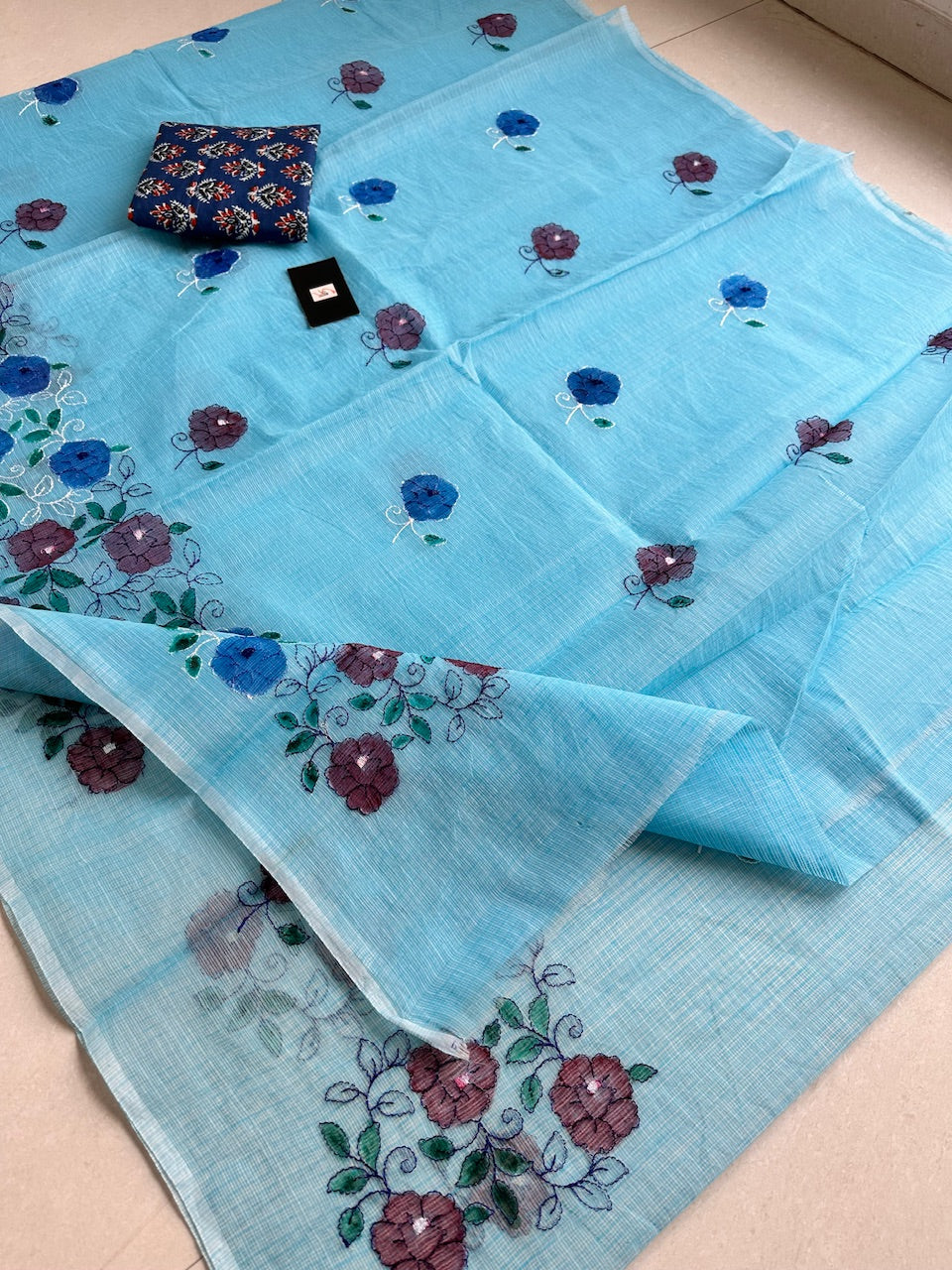 Embroidered Handpainted Kota Cotton Doria Saree