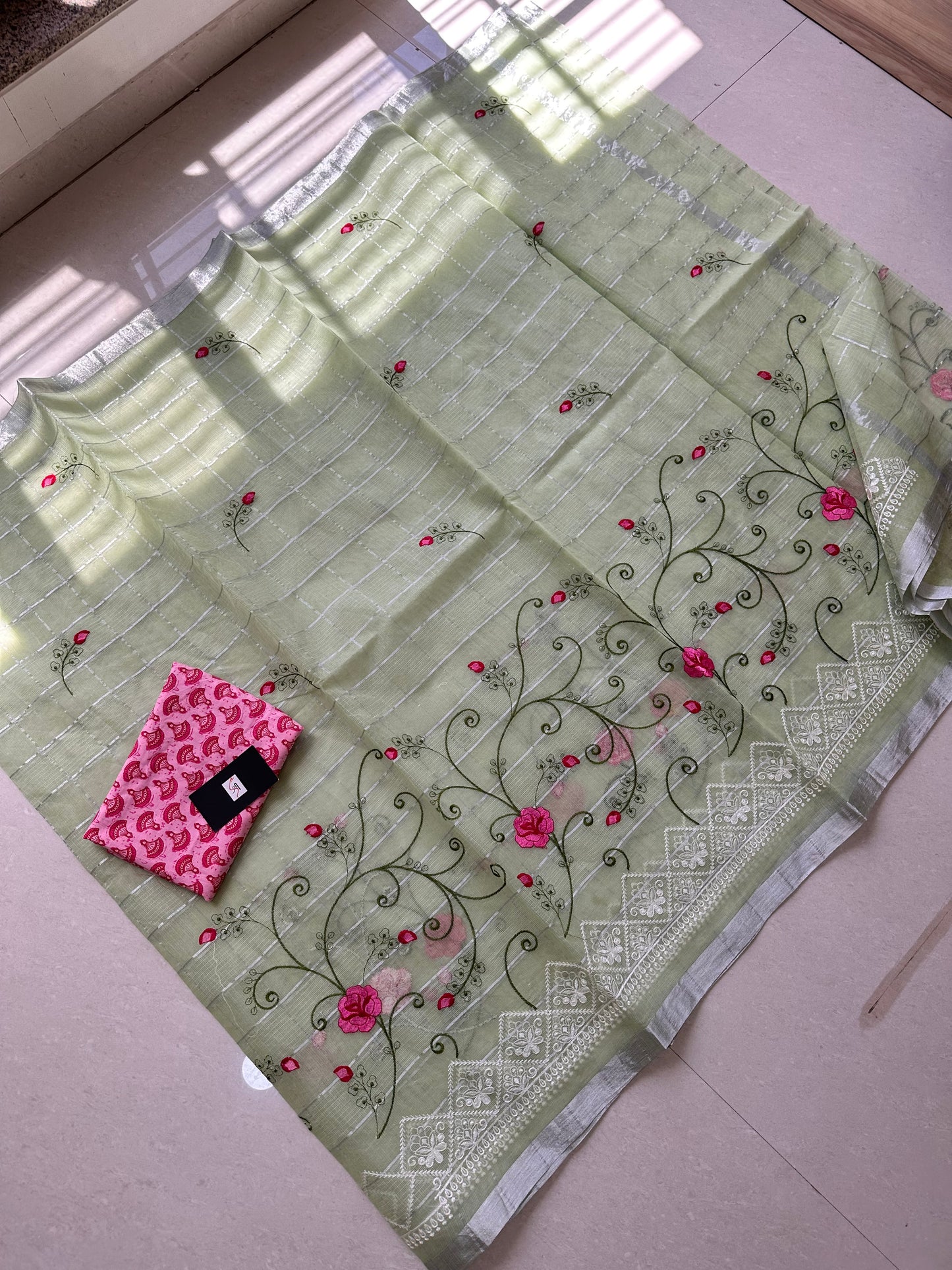 Embroidered Kota Cotton Doria Saree