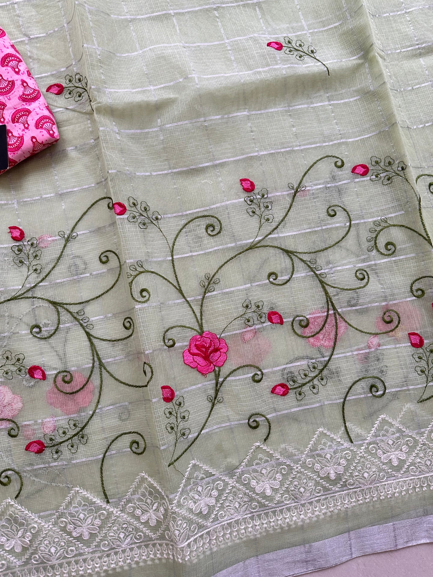 Embroidered Kota Cotton Doria Saree