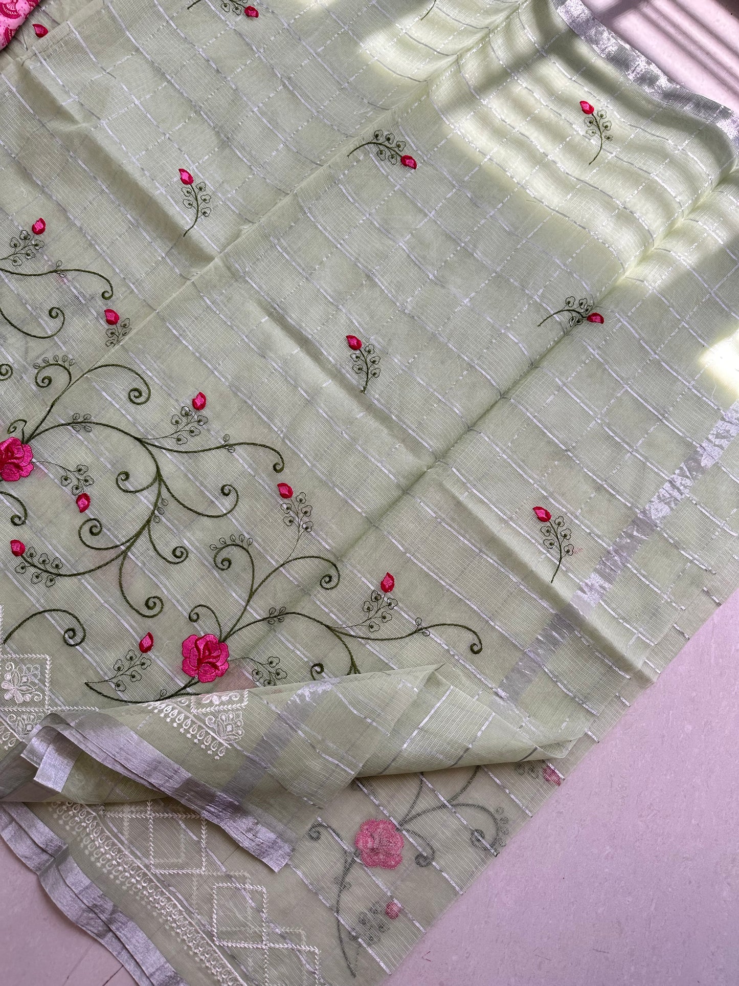 Embroidered Kota Cotton Doria Saree