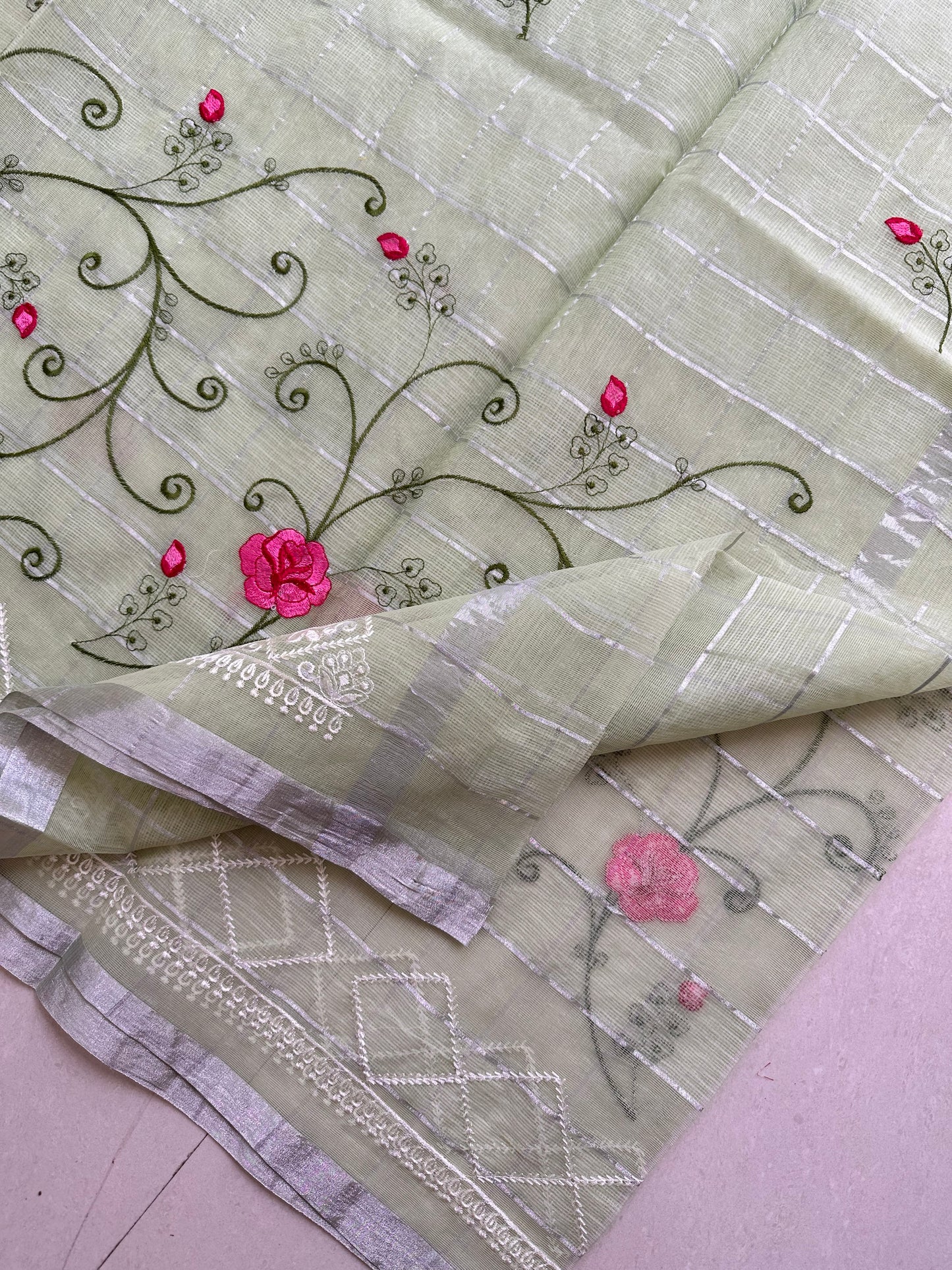 Embroidered Kota Cotton Doria Saree