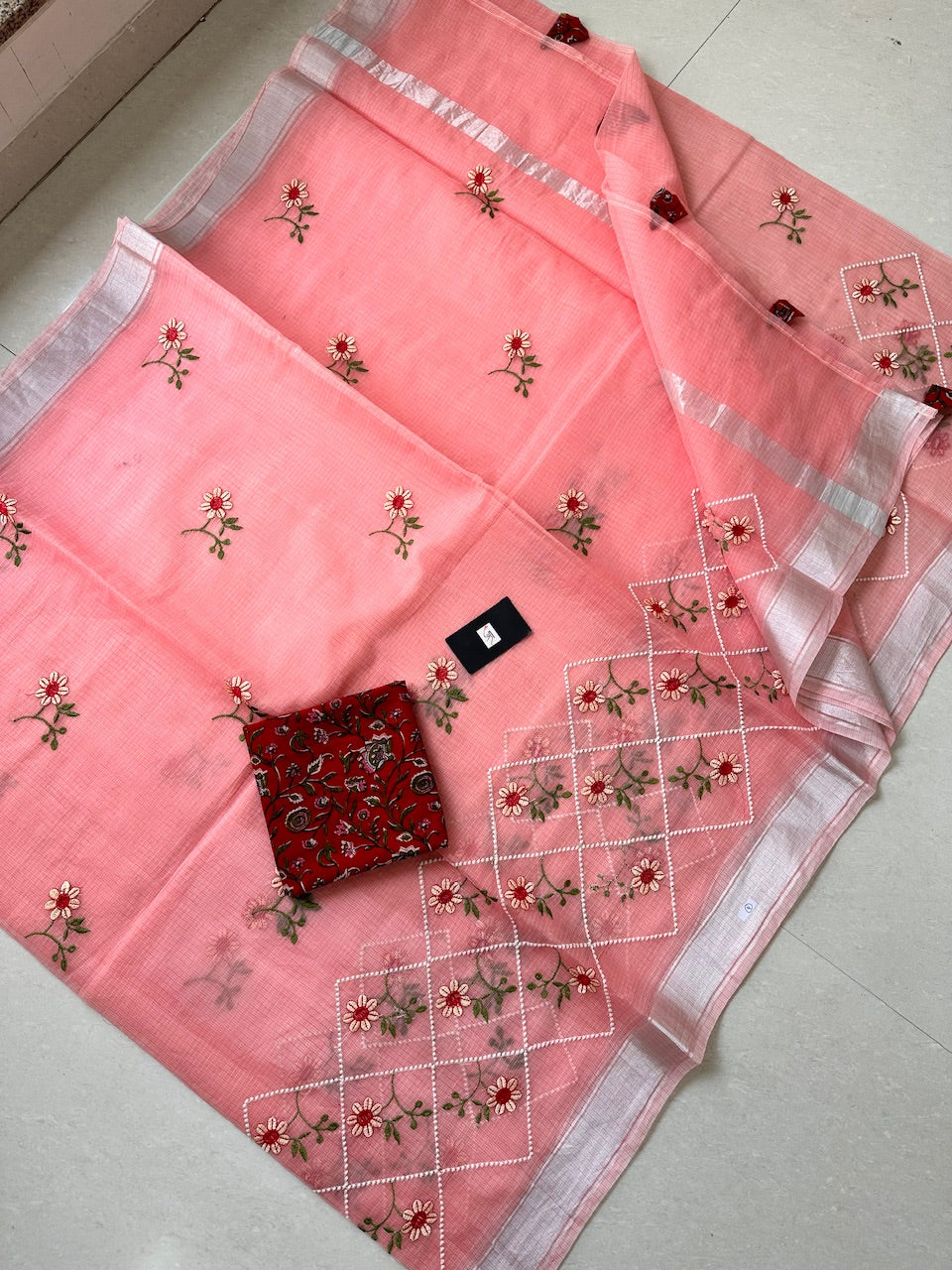 Embroidered Kota Cotton Doria Saree