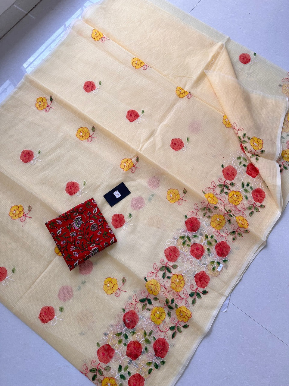 Embroidered Handpainted Kota Cotton Doria Saree