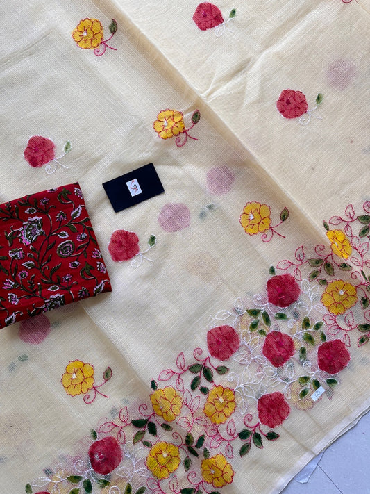 Embroidered Handpainted Kota Cotton Doria Saree