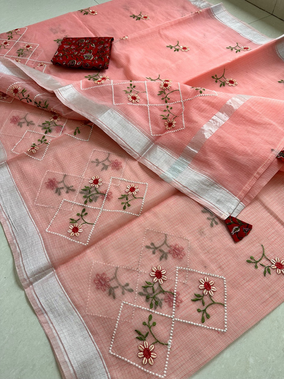 Embroidered Kota Cotton Doria Saree