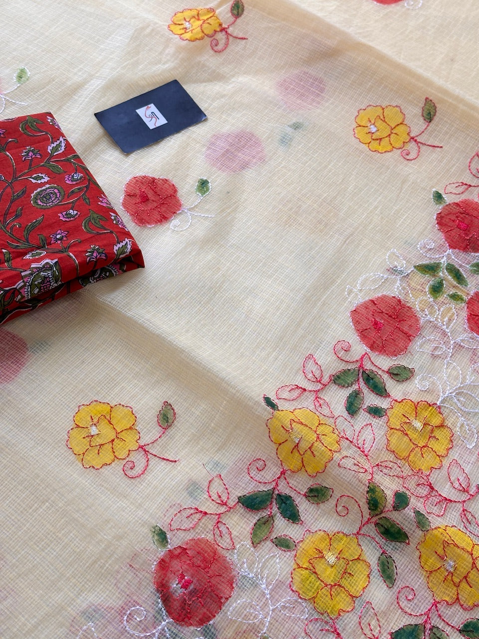 Embroidered Handpainted Kota Cotton Doria Saree