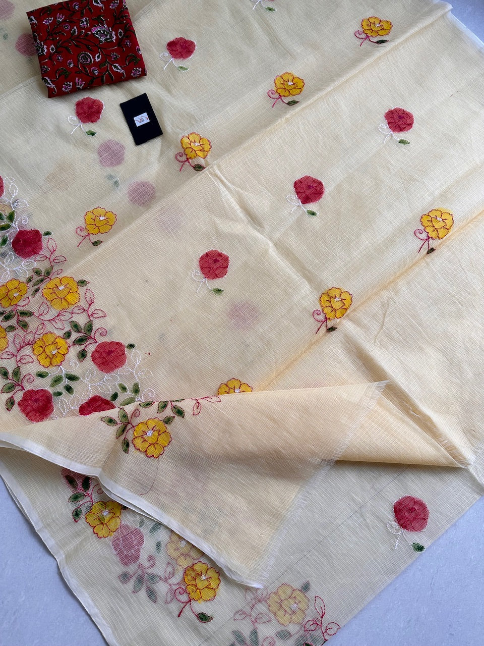 Embroidered Handpainted Kota Cotton Doria Saree