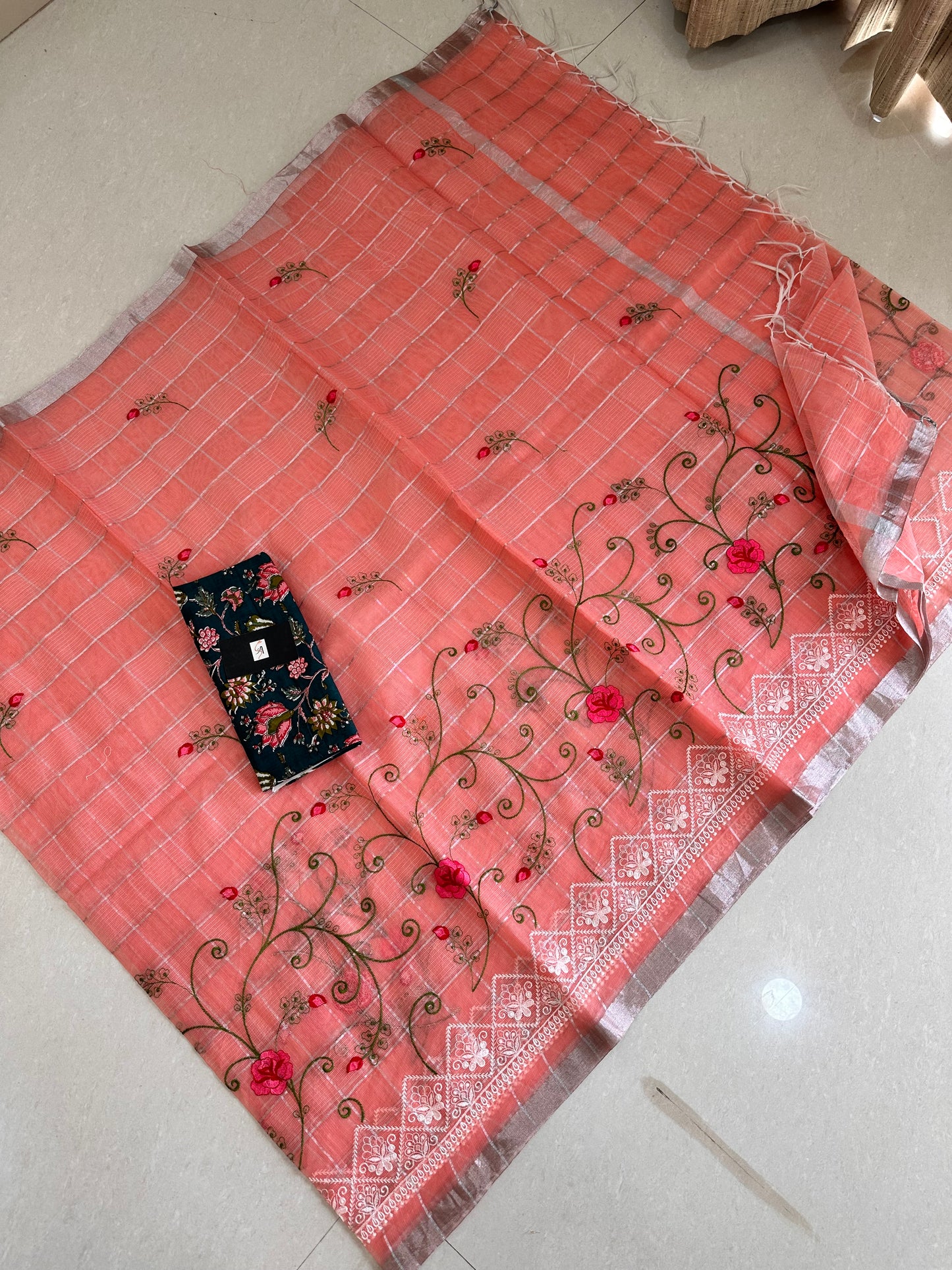 Embroidered Kota Cotton Doria Saree