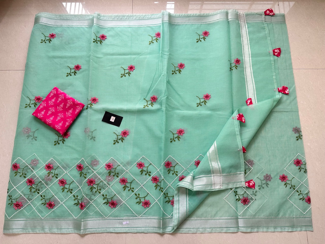 Embroidered Kota Cotton Doria Saree