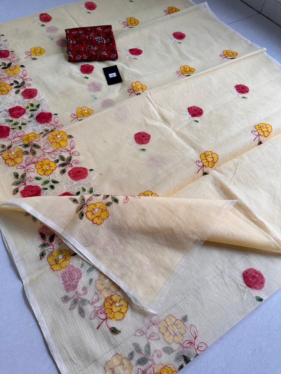 Embroidered Handpainted Kota Cotton Doria Saree