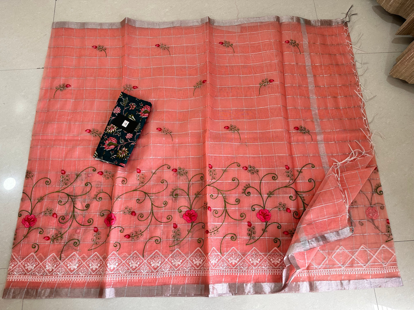 Embroidered Kota Cotton Doria Saree