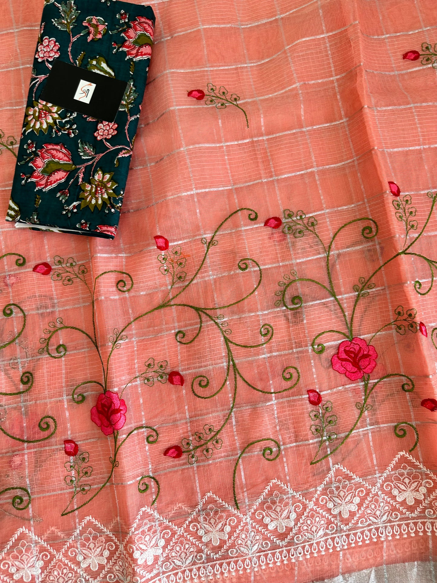 Embroidered Kota Cotton Doria Saree