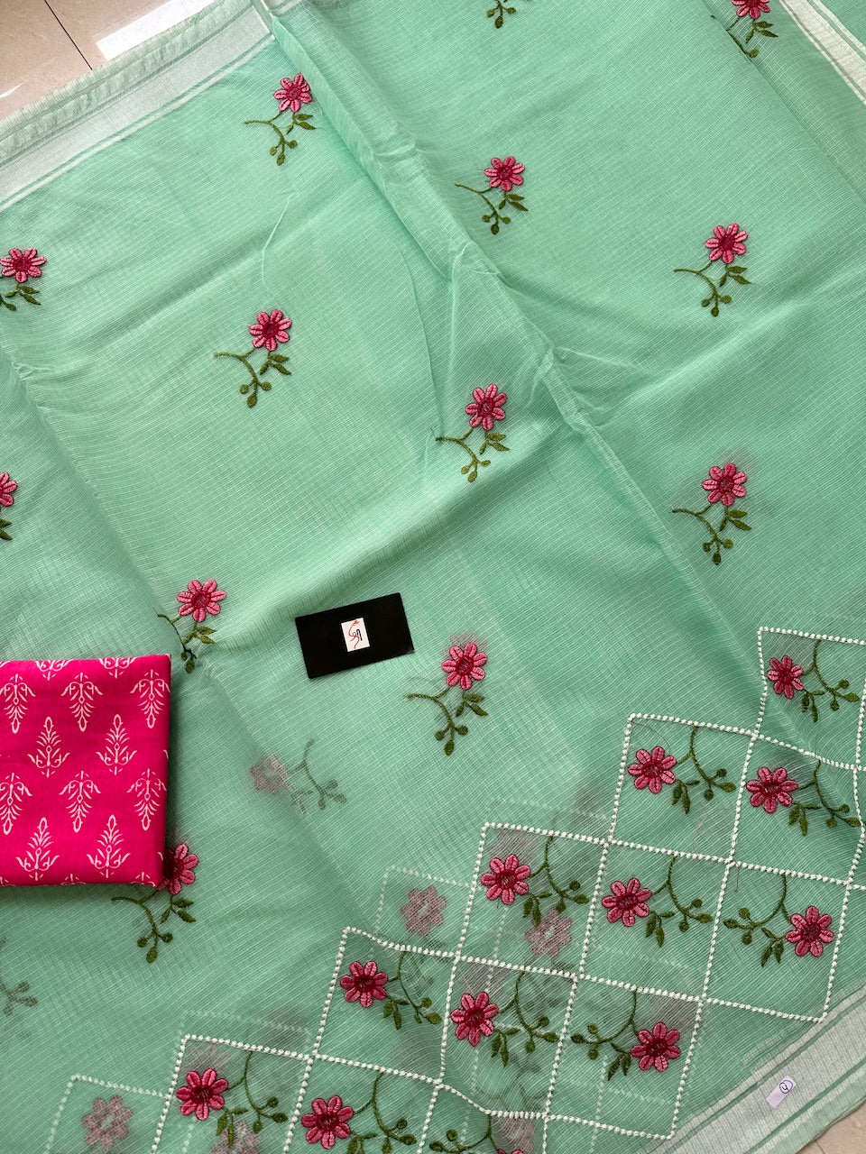 Embroidered Kota Cotton Doria Saree