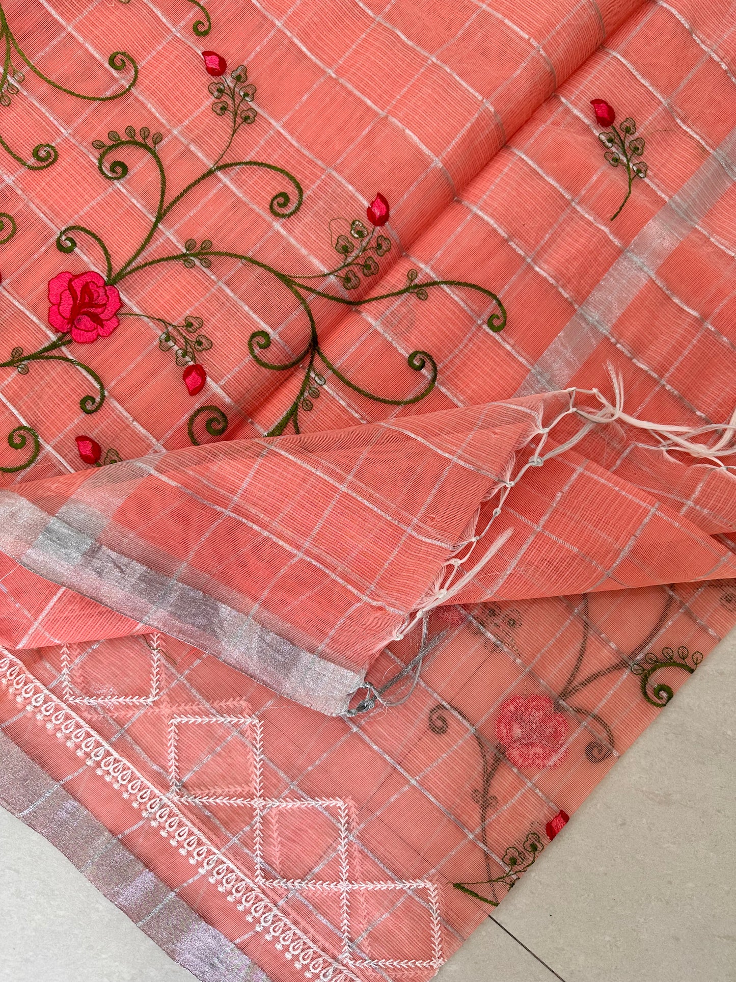 Embroidered Kota Cotton Doria Saree