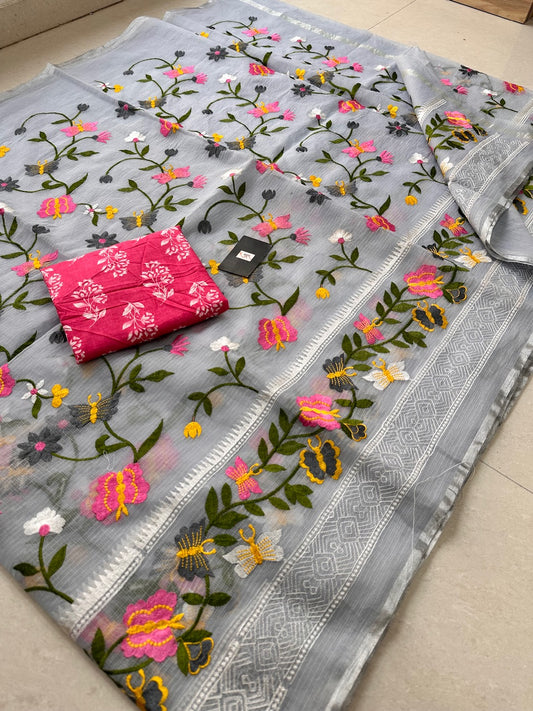 Embroidered Kota Cotton Doria Saree