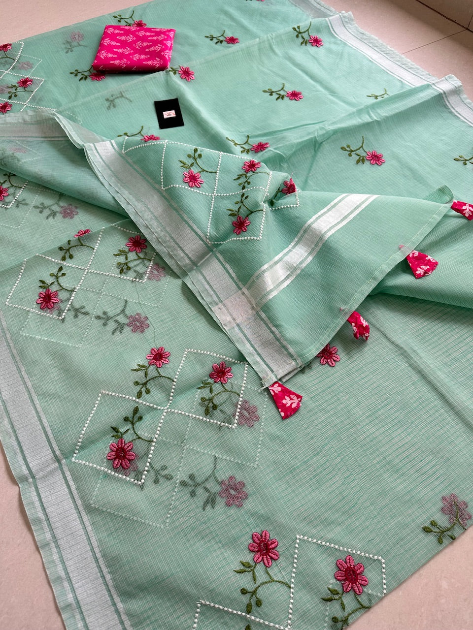 Embroidered Kota Cotton Doria Saree