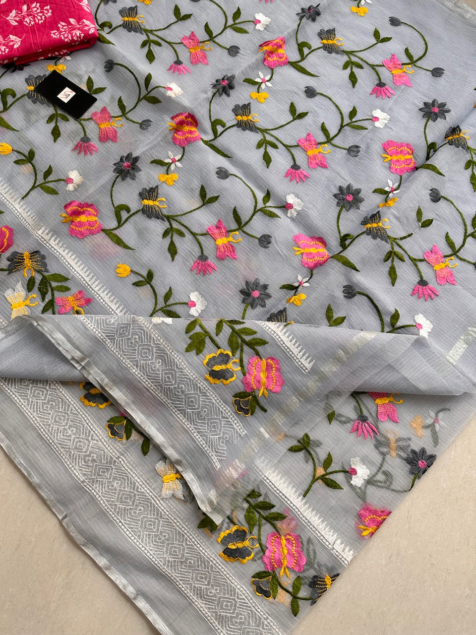 Embroidered Kota Cotton Doria Saree