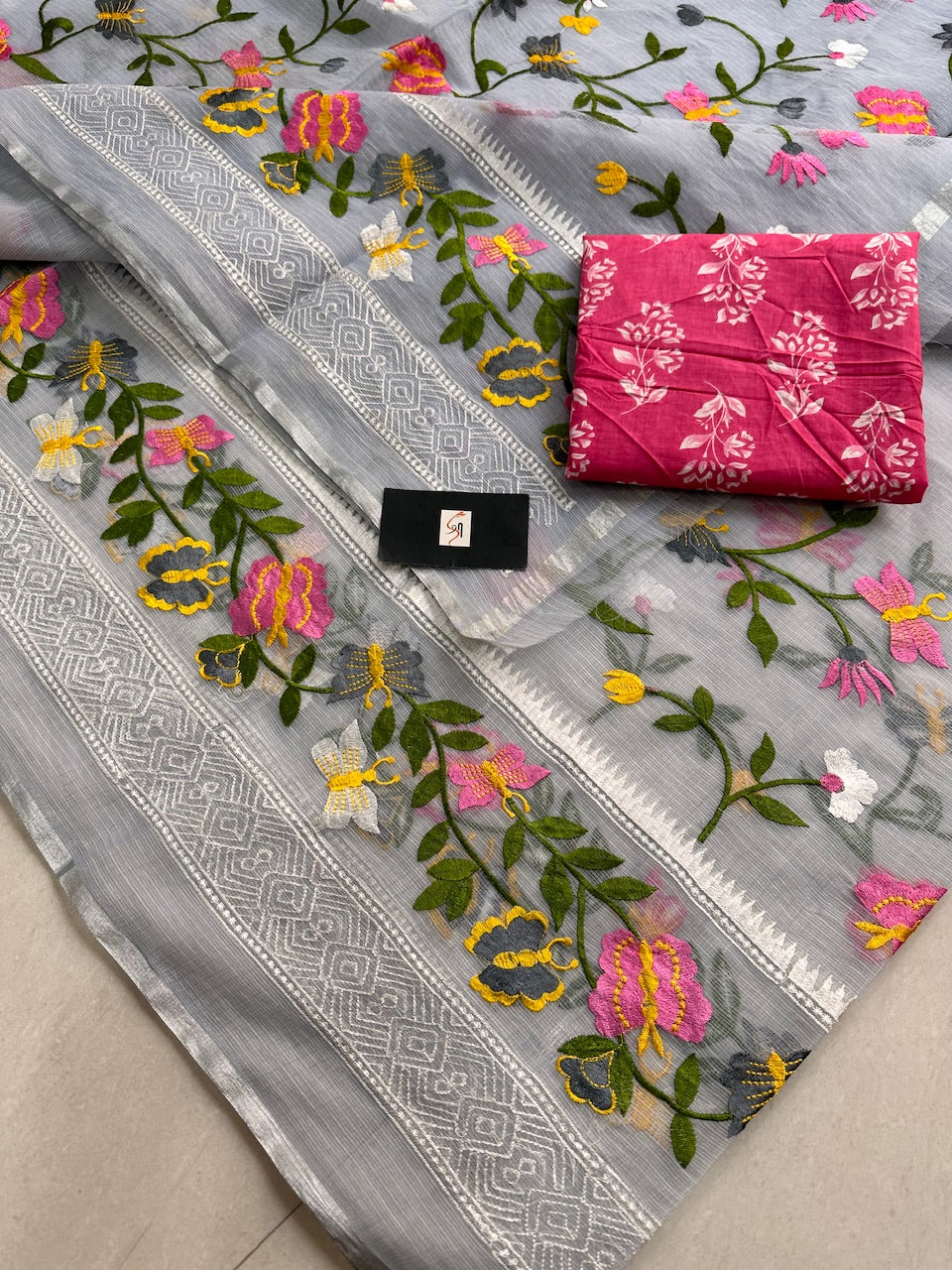 Embroidered Kota Cotton Doria Saree