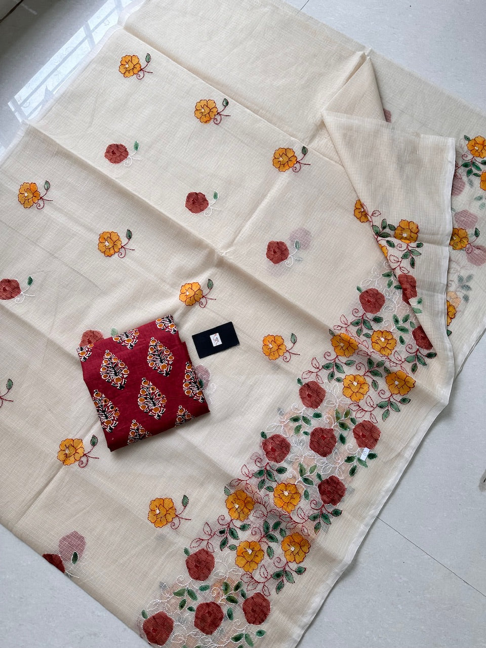 Embroidered Handpainted Kota Cotton Doria Saree