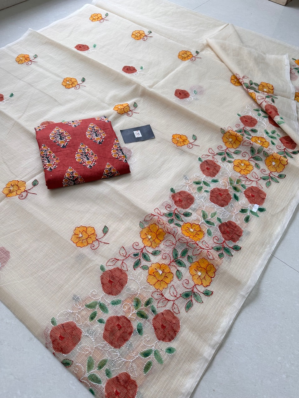 Embroidered Handpainted Kota Cotton Doria Saree