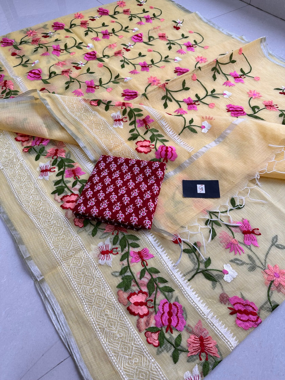 Embroidered Kota Cotton Doria Saree