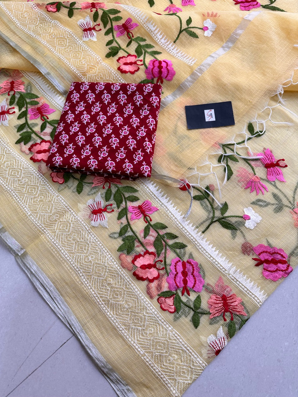 Embroidered Kota Cotton Doria Saree