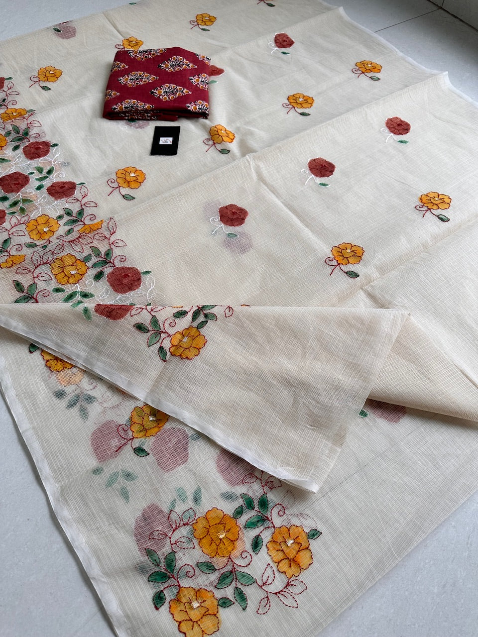 Embroidered Handpainted Kota Cotton Doria Saree