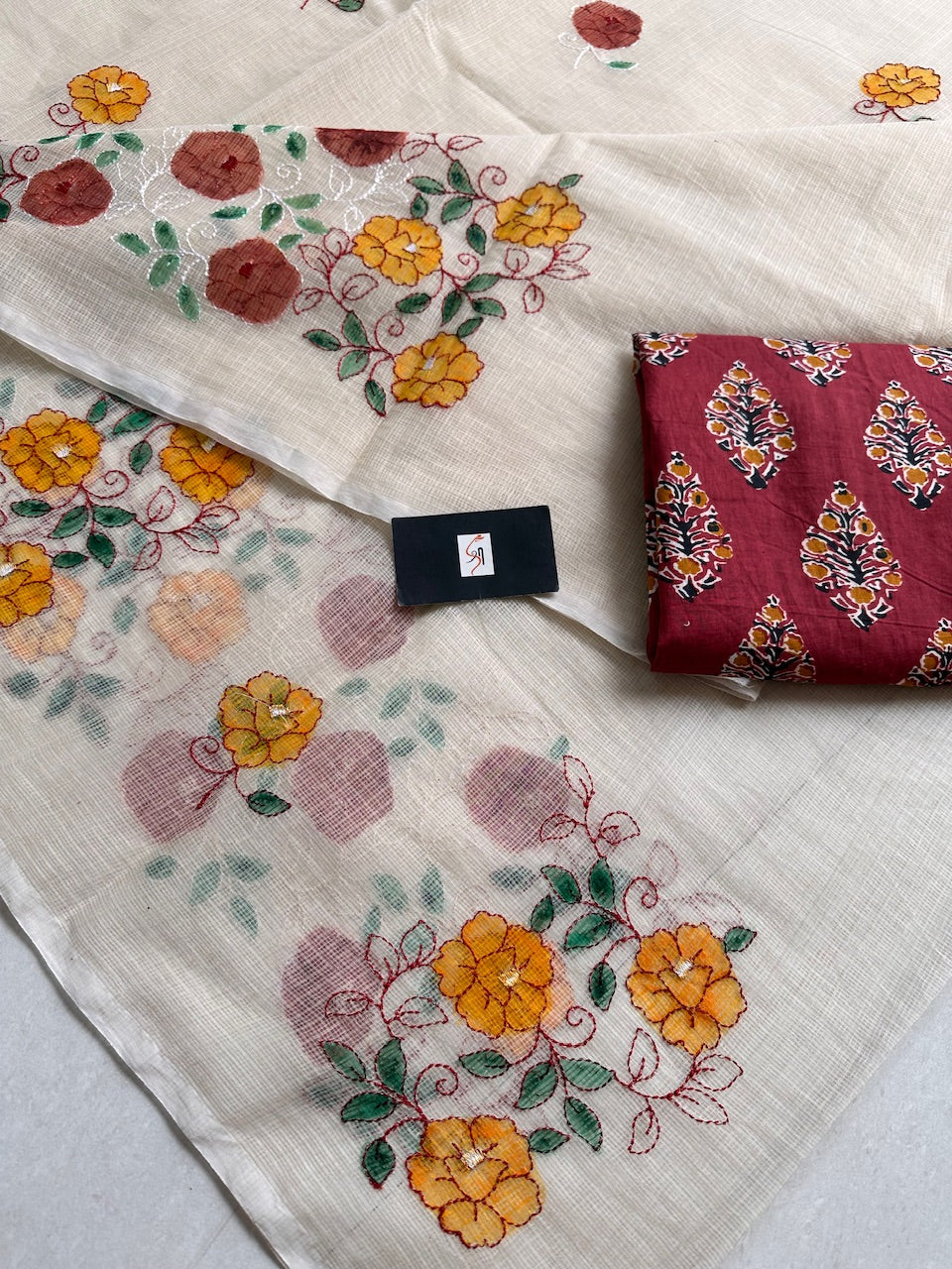 Embroidered Handpainted Kota Cotton Doria Saree