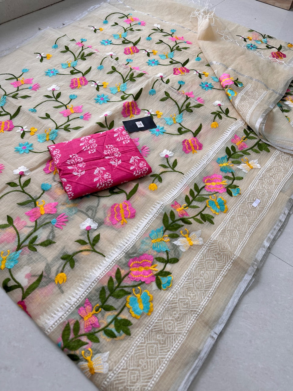 Embroidered Kota Cotton Doria Saree