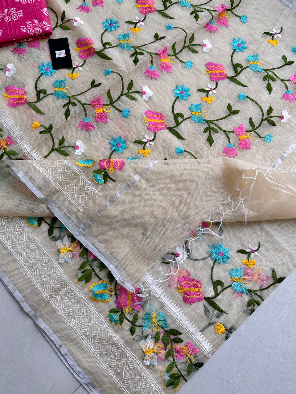 Embroidered Kota Cotton Doria Saree