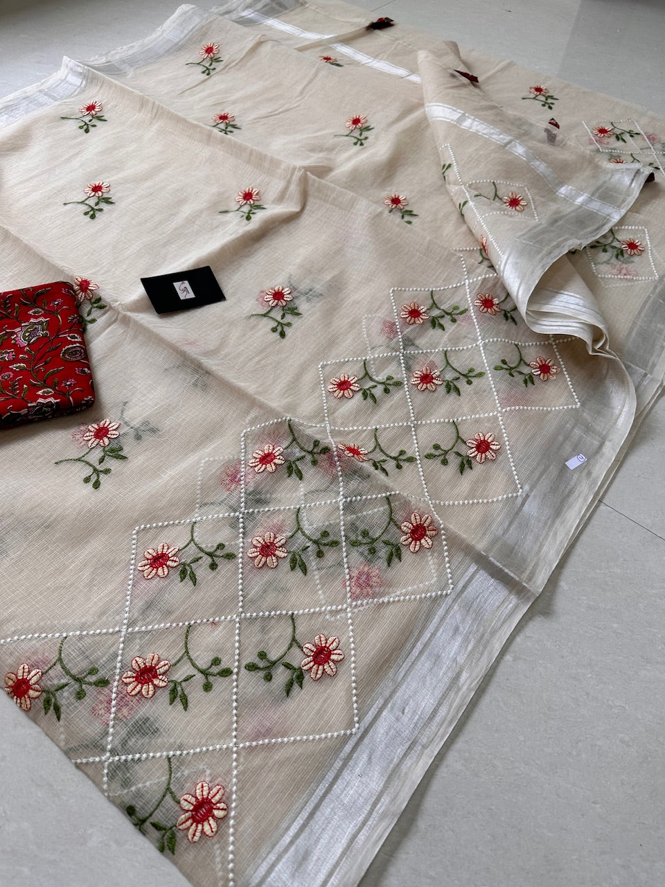 Embroidered Kota Cotton Doria Saree