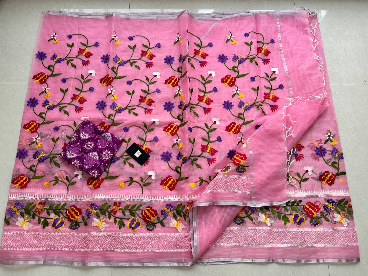 Embroidered Kota Cotton Doria Saree