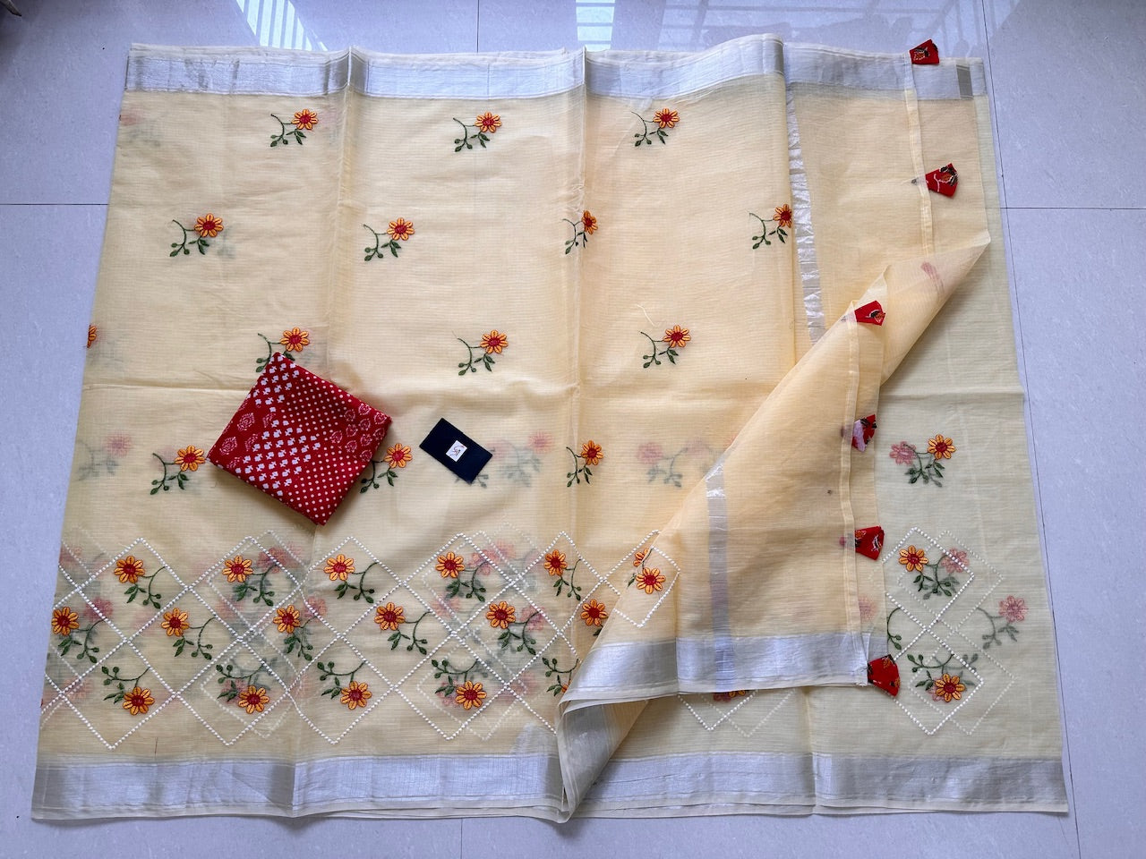 Embroidered Kota Cotton Doria Saree