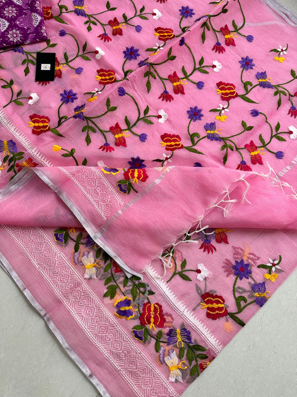 Embroidered Kota Cotton Doria Saree