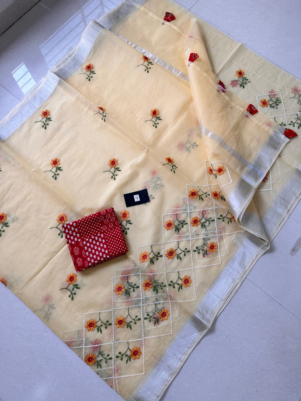 Embroidered Kota Cotton Doria Saree