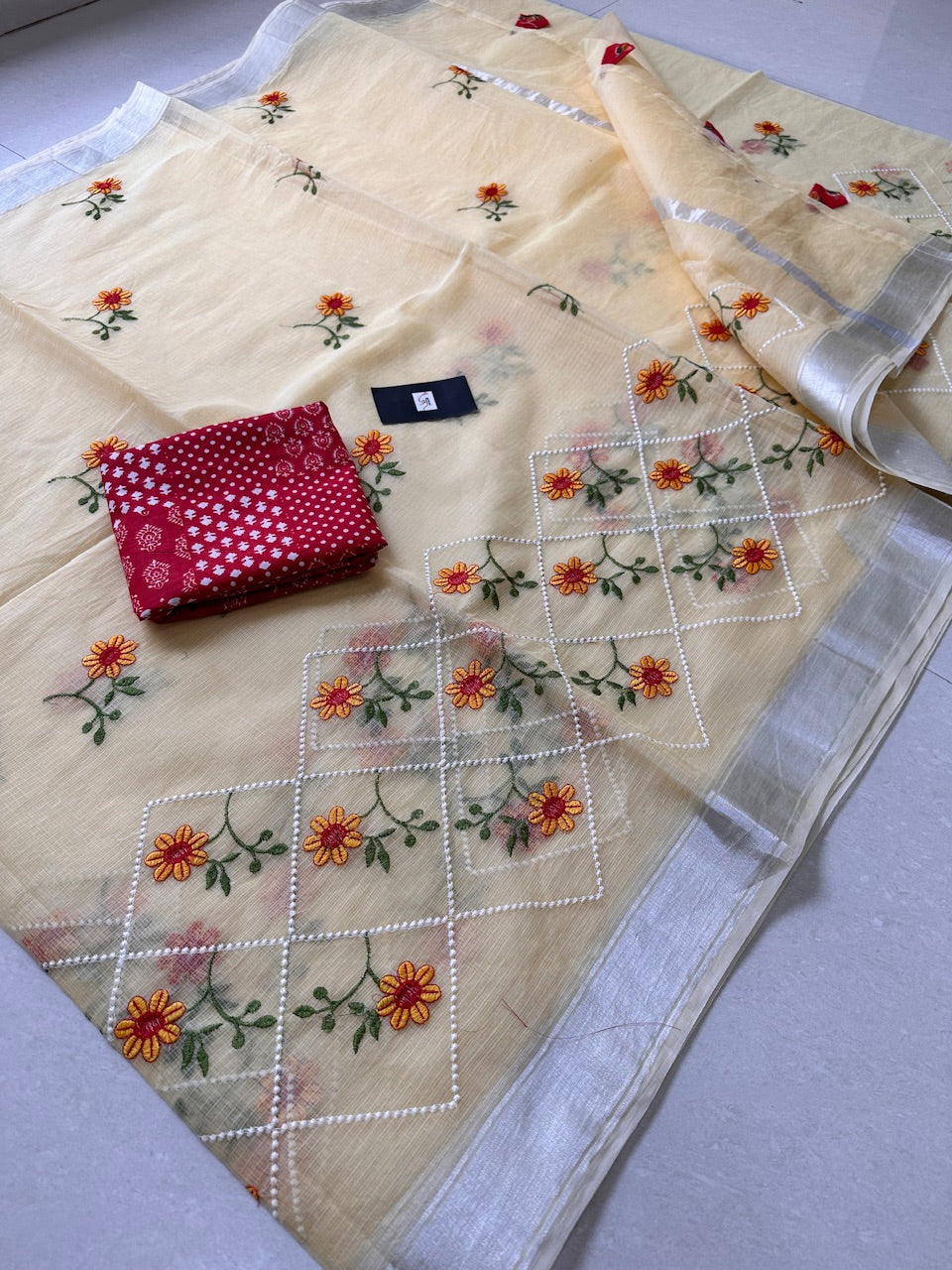 Embroidered Kota Cotton Doria Saree